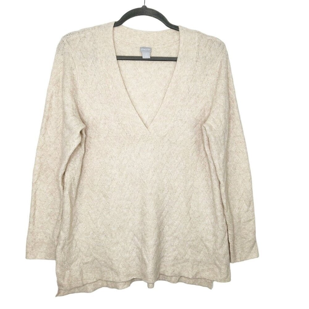 Chicos Tunic Sweater‎ Womens Size 3 US 16 XL Beige Oatmeal Soft Knit